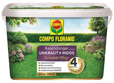 COMPO FLORANID Rasendünger gegen Unkraut - Moos Komplett-Pflege 6kg für 200m²