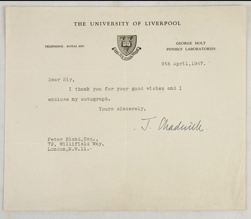 SIR JAMES CHADWICK Neutron original signed Note 1947 Nuclear Manhattan Project