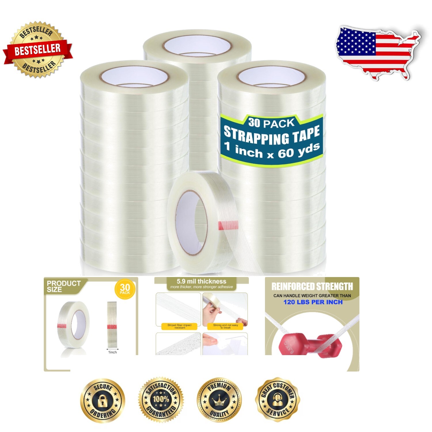 Bulk 30 Rolls Clear Heavy Duty Packing Tape - 5.5 Mil Thickness for Shipping