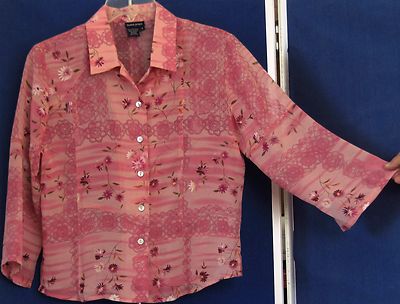 EUC Fitted BOSTON PROPER Pink BLOUSE Tunic TOP Pink Floral Sz 2 EASY Care POLY ¾
