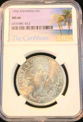 1966 BAHAMAS SILVER 1 DOLLAR CONCH SEASHELL NGC MS 66 FIRST YEAR SCARCE TOP POP