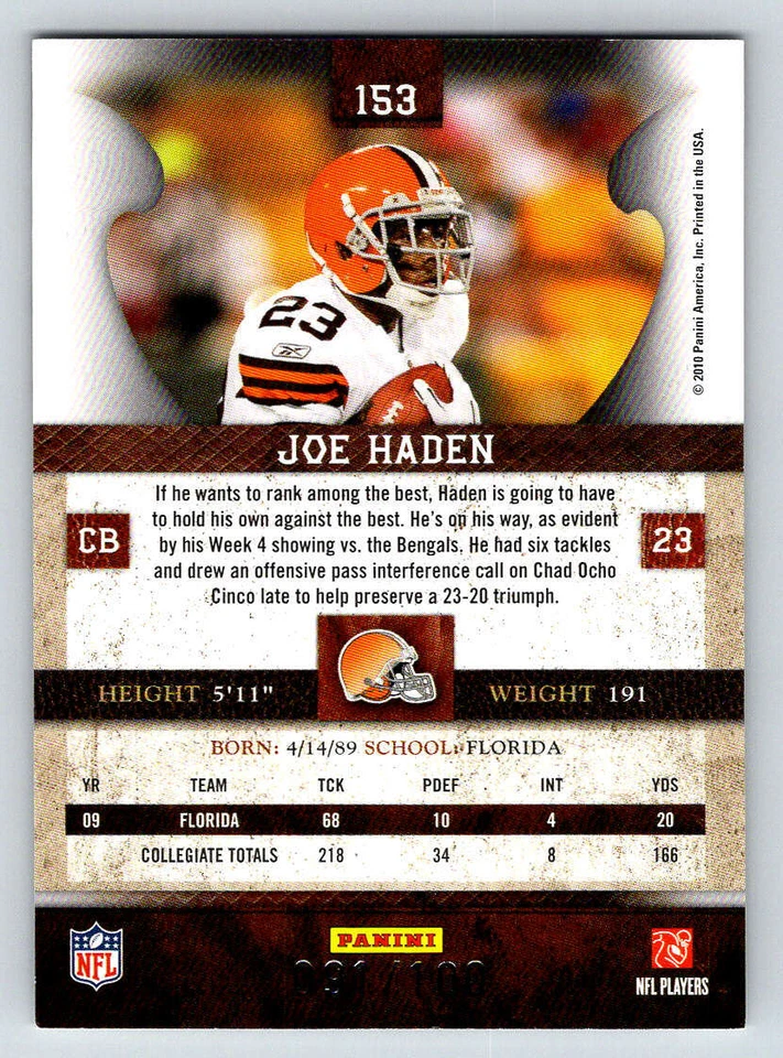 2010 Panini Plates and Patches Silver #153 Joe Haden 100 (ref 196515) - Image 2 of 2