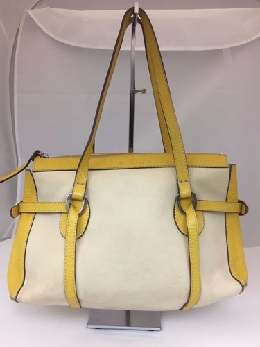 HOGAN 78417 IVORY CANVAS YELLOW LEATHER TOTE SHOULDER BAG