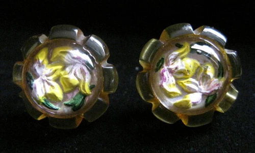 Vintage, Art Deco earrings with reverse carved lilies in apple juice Bakelite!