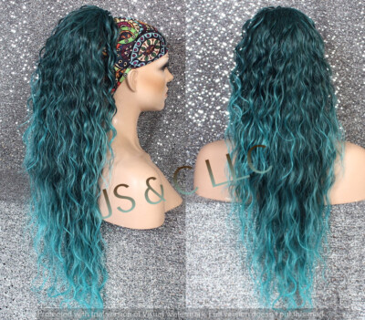Blue Green Emerald  Human Hair Blend PONYTAIL Hairpiece Drawstring ex long wavy