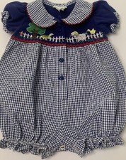 VTG Baby Togs Baby Girl Romper 12m Farm Navy Blue Gingham Applique