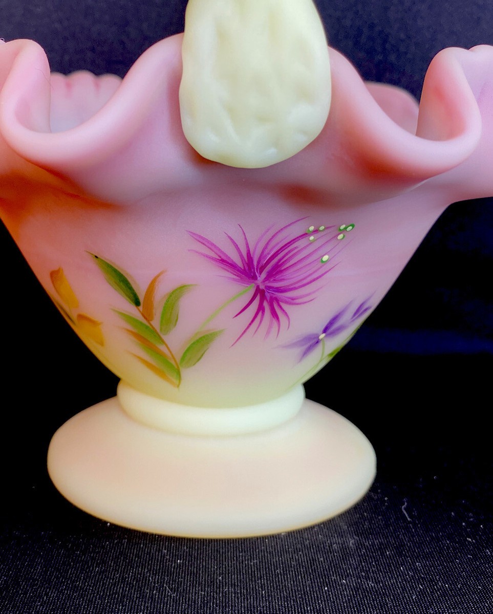 Fenton Art Glass Hand Painted Spring Finery On Burmese Basket
