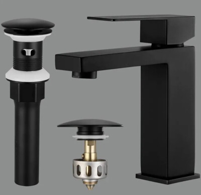 KES Black Bathroom Faucet Single Handle & Bathroom Sink Drain with Overflow, cUP