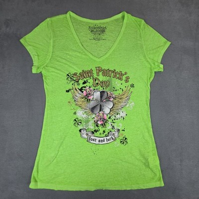 Rocker Girl St Patrick s Day Shirt Womens XL Green Shamrock Graphic V Neck