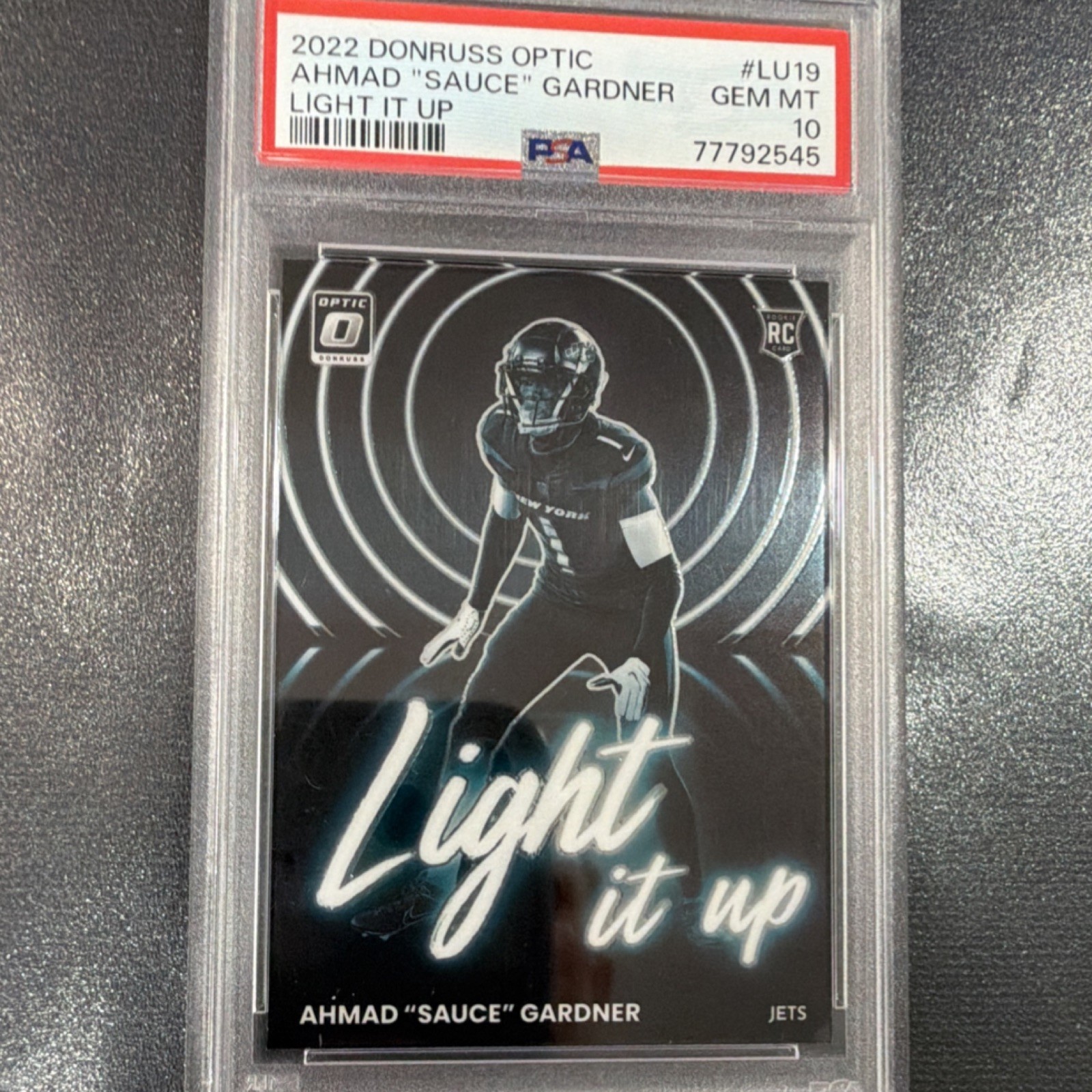 Panini 2022 Donruss Optic Ahmad "Sauce" Gardner LU-19 Light It Up RC PSA 10