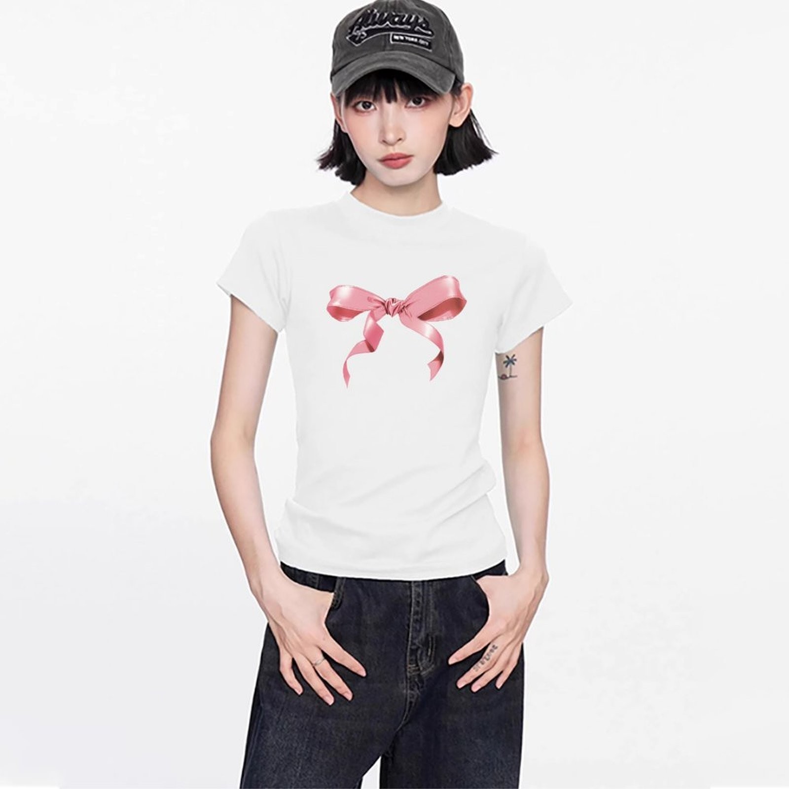 ALTRA T shirt versatile girocollo stampa fiocco riduzione età dolce e fresca