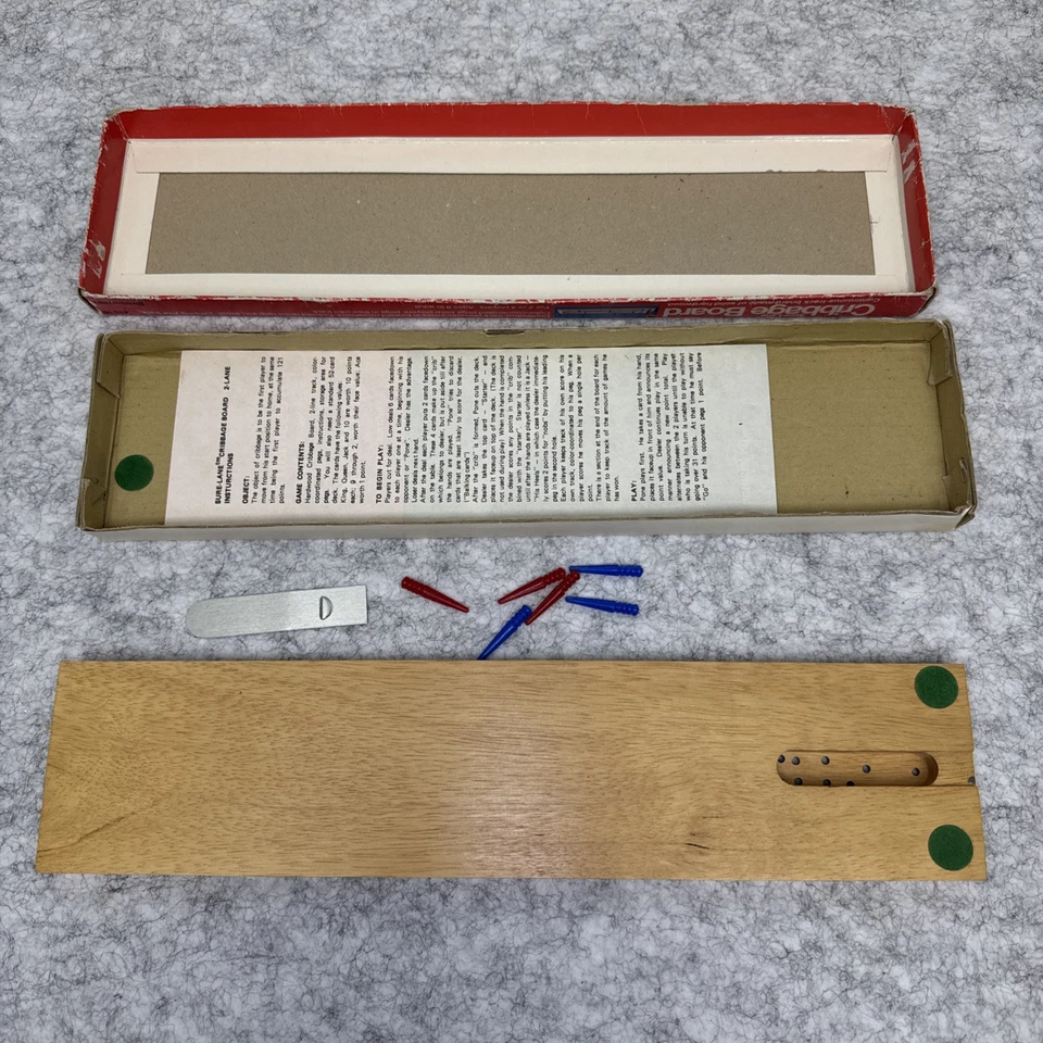 Pressman Wooden Cribbage Board Vintage Sure-Lane with Manual and Plastic Pegs  - Image 3 of 4