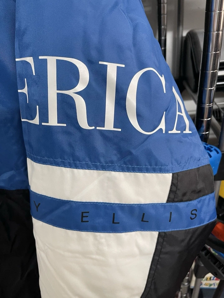 Vtg 90s Perry Ellis AMERICA Puffer Jacket Blue Black White Spellout Mint L - Image 3 of 4