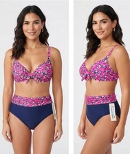 Catalina NWT Vintage 80's Blue Neon Pink Floral Hipster Bikini Padded Bra M