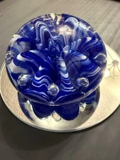 Vintage Joe St Clair Paperweight Ribbon Art Glass Blue White Swirl W/ Bubbles 