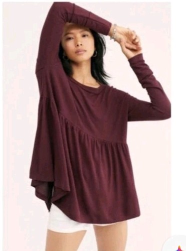 Free People Forever Your Girl Babydo Tee Blouse Red Tunic Long Sleeve Knit Boho