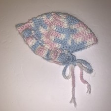 Vintage   Handmade Crochet Baby Hat Cap Bonnet Tie Pink Blue White Or Doll