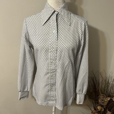 VTG 70s Lady Arrow Button Up Shirt Polka Dots White Blue Dagger Collar Size 12