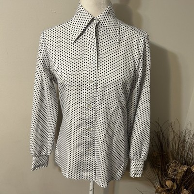 VTG 70s Lady Arrow Button Up Shirt Polka Dots White Blue Dagger Collar Size 12
