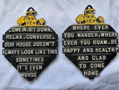 Two Vintage Metal Trivets Wall Hanging  ''Where Ever You Wander'' and ''Come In''