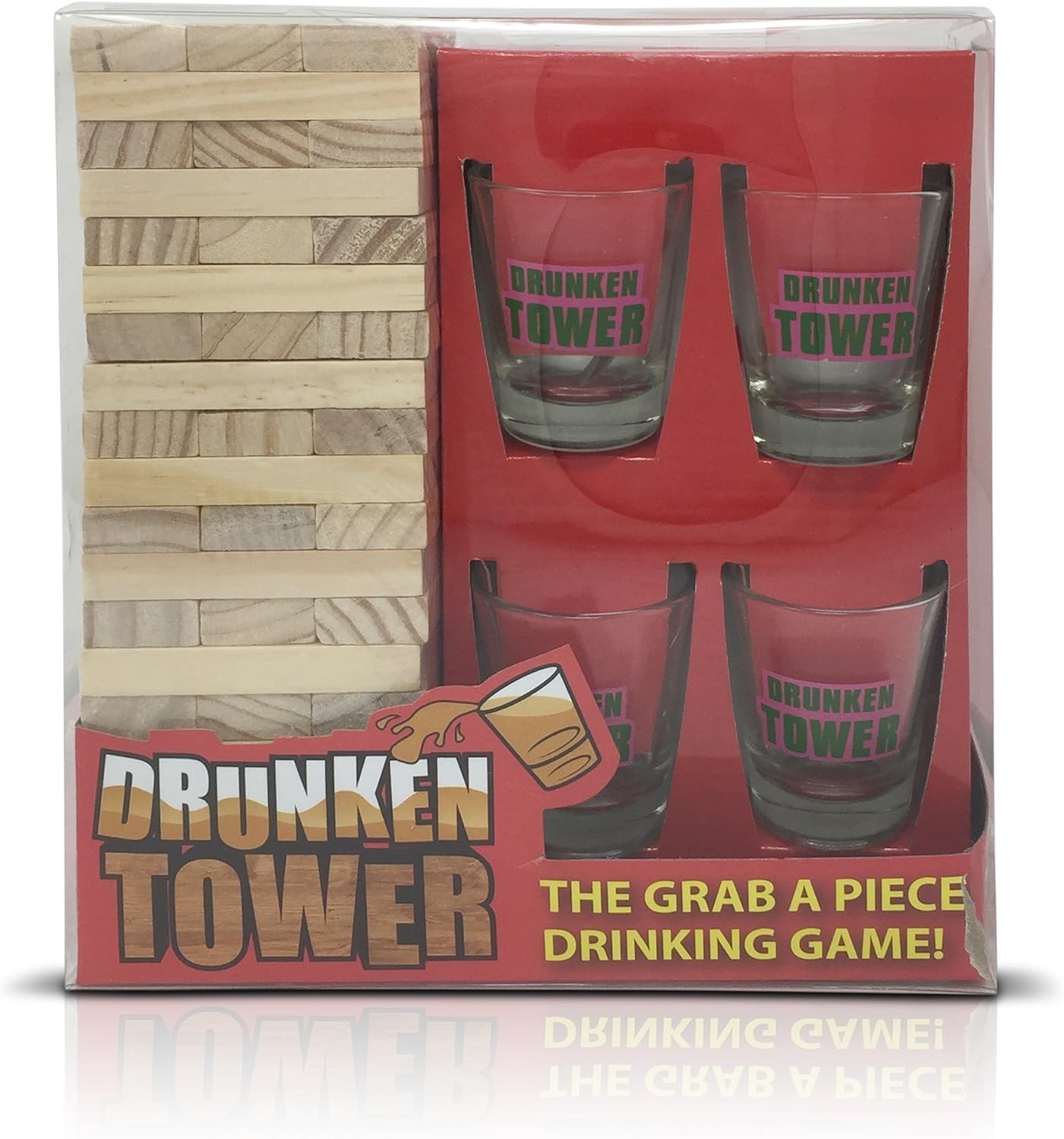 Wooden Tipsy Drunken Tower Fun Adults Party Drinking Game with 4x Shot Glasses