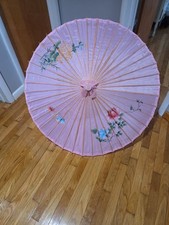 JAPANESE PARASOL UMBRELLA Painted Flowers Pink Fabric And Bamboo