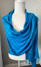 EUC 27X70 PASHMINA Cashmere Wool SILK Aqua Blue Shawl SCARF Jacquard Fringe WRAP