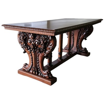 Library Table, Renaissance, Lions, Cherub, Carved Walnut, Century Furniture, 73''