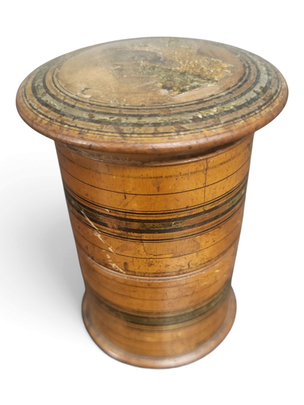 Antique treen wooden nesting spice boxes, stacked apothecary style.