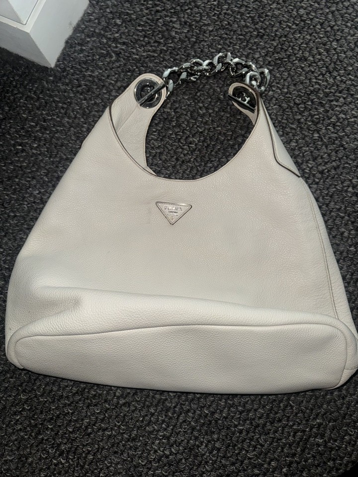Prada Vitello Daino Cream Leather Chain Hobo Shoulder Bag Made in Italy Womens