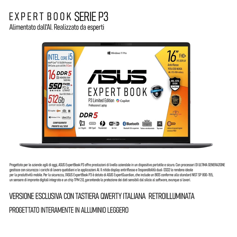 ASUS Expertbook P3 i5-13420H 16" FHD+ DDR5 16Gb, 512, Tastiera retroilluminata - Immagine 2 di 4