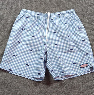 Vineyard Vines Swim Trunks Mens Large Blue Performance Lined Check AOP Whale