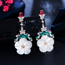 Bridal White Flower Long Drop Earrings Gold Plated Cubic Zirconia Women Jewelry