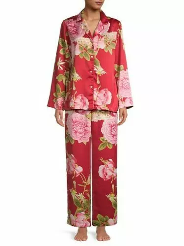 Natori Red Pink Rose Floral Print Satin Pajama Set RT 180 NEW Variation M L