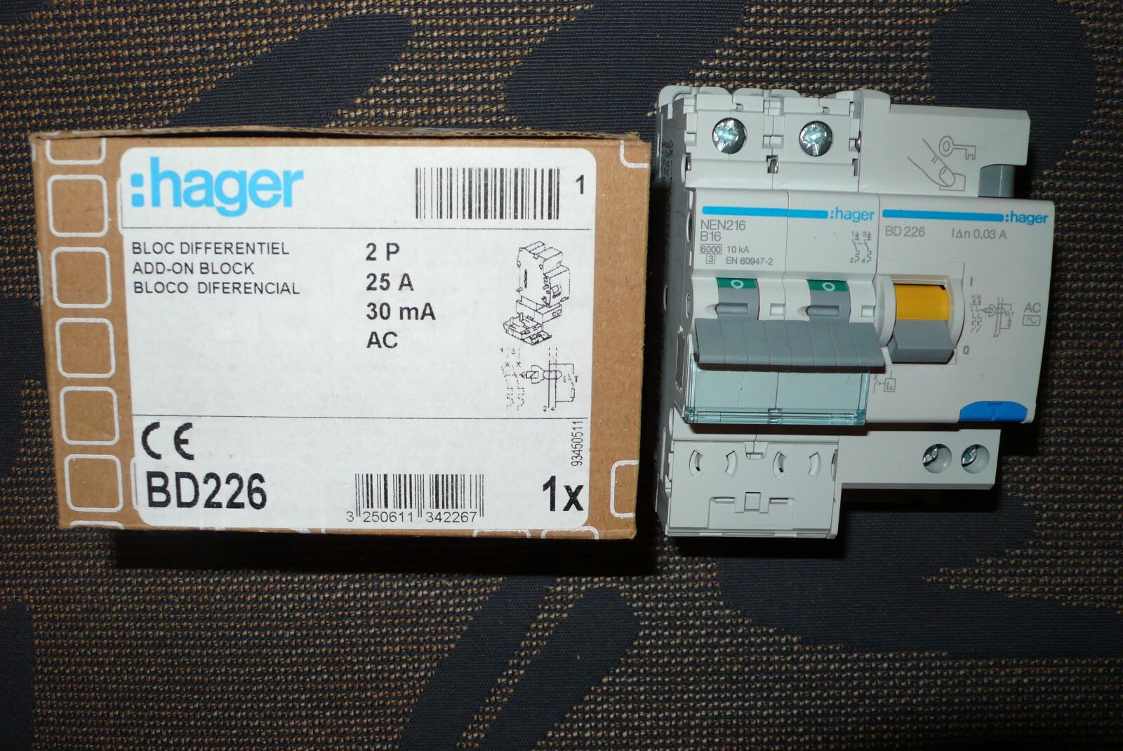 Disjoncteur 16A 30mA Hager BD226 courbe B bipolaire protégé NEN216