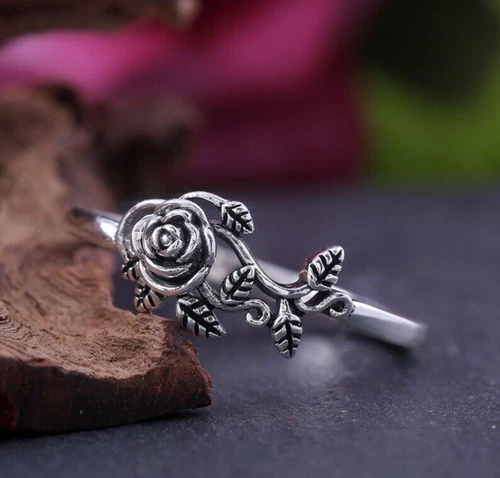 Ethnic Style Dainty Rose Flower Promise Ring Silver Plated Vintage Style Ring