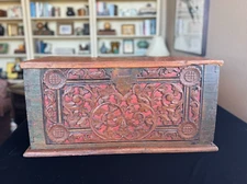 LG Red & Green Antique Hand Carved & Painted Teak Madura Island Treasure Chest