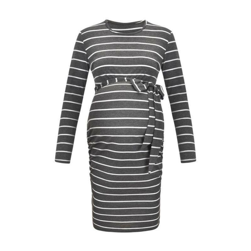 grey and white striped maternity dress Maternity Stripe Belted Dress Med