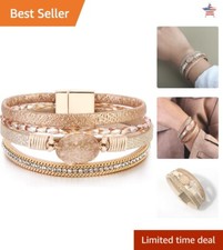 Boho Cuff Bracelet with Crystal Beads Magnetic Clasp - Gold Leather Wrap