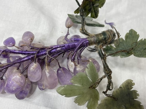 Antique Purple Amethyst Grape Cluster Polished Stone Grapes 5 Carved Jade Leaves - Picture 14 of 15