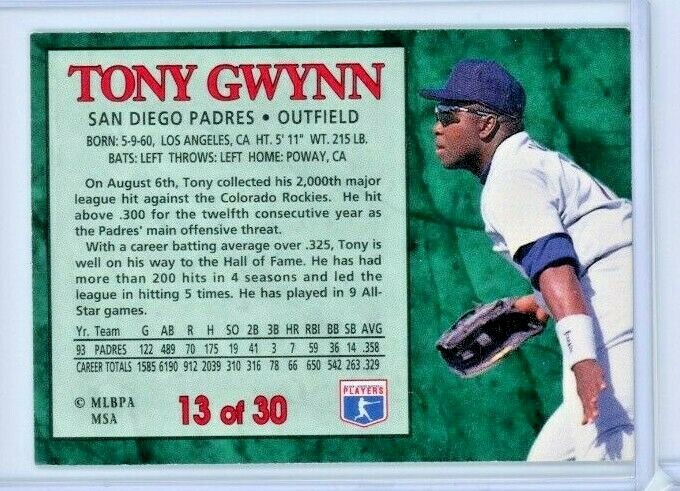 1994 Post Cereal Tony Gwynn #13 of 30 - San Diego Padres - Hall of