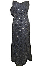 Vintage Jessica McClintock Sequin Floral Lace Formal Black Prom Dress Strapless