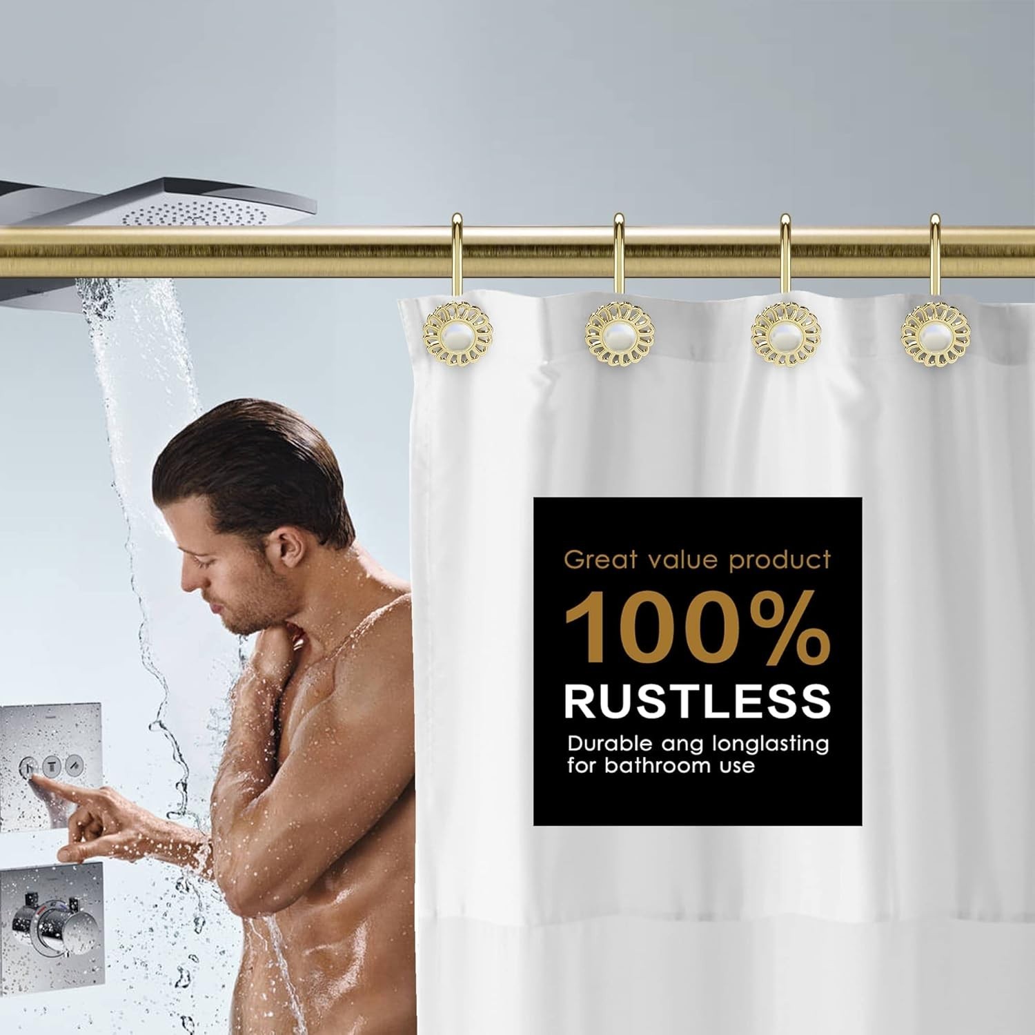 Shower Curtain Hooks Rings, Decorative Shower Curtain Hangers, Heavy Duty Gold