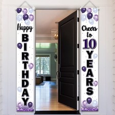 Happy 10th Birthday Decorations,10th Purple Balloon Birthday Theme Door Hangi...