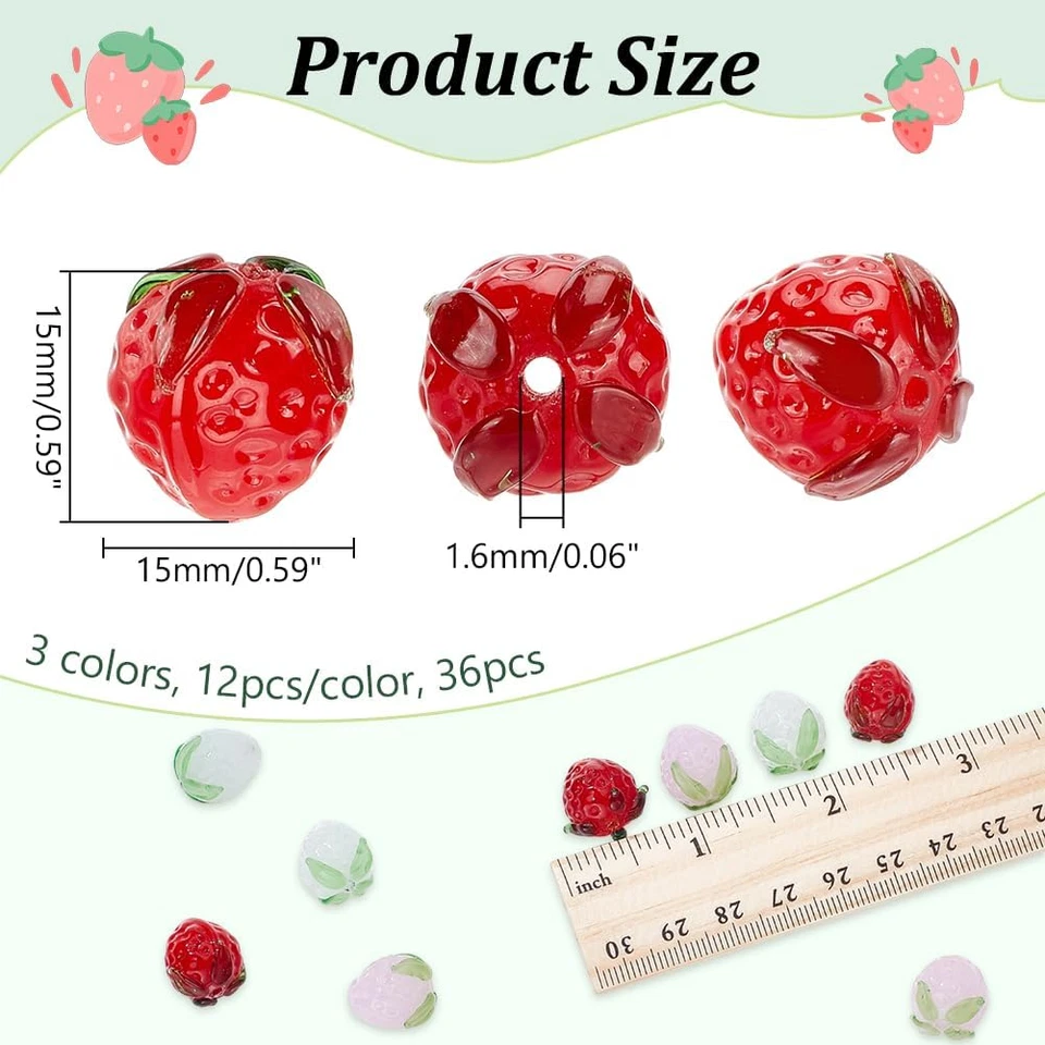 36 Pcs 3 Color Strawberry Glass Beads, 15Mm Handmade Lampwork Fruit Beads for DI - Image 2 of 4
