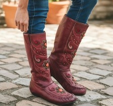 Bohemian DOLLHOUSE Faux Leather Maroon Beaded Boots Size 7