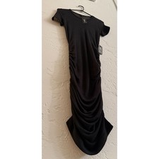Express - Women's black, short-sleeved ruched midi dress.