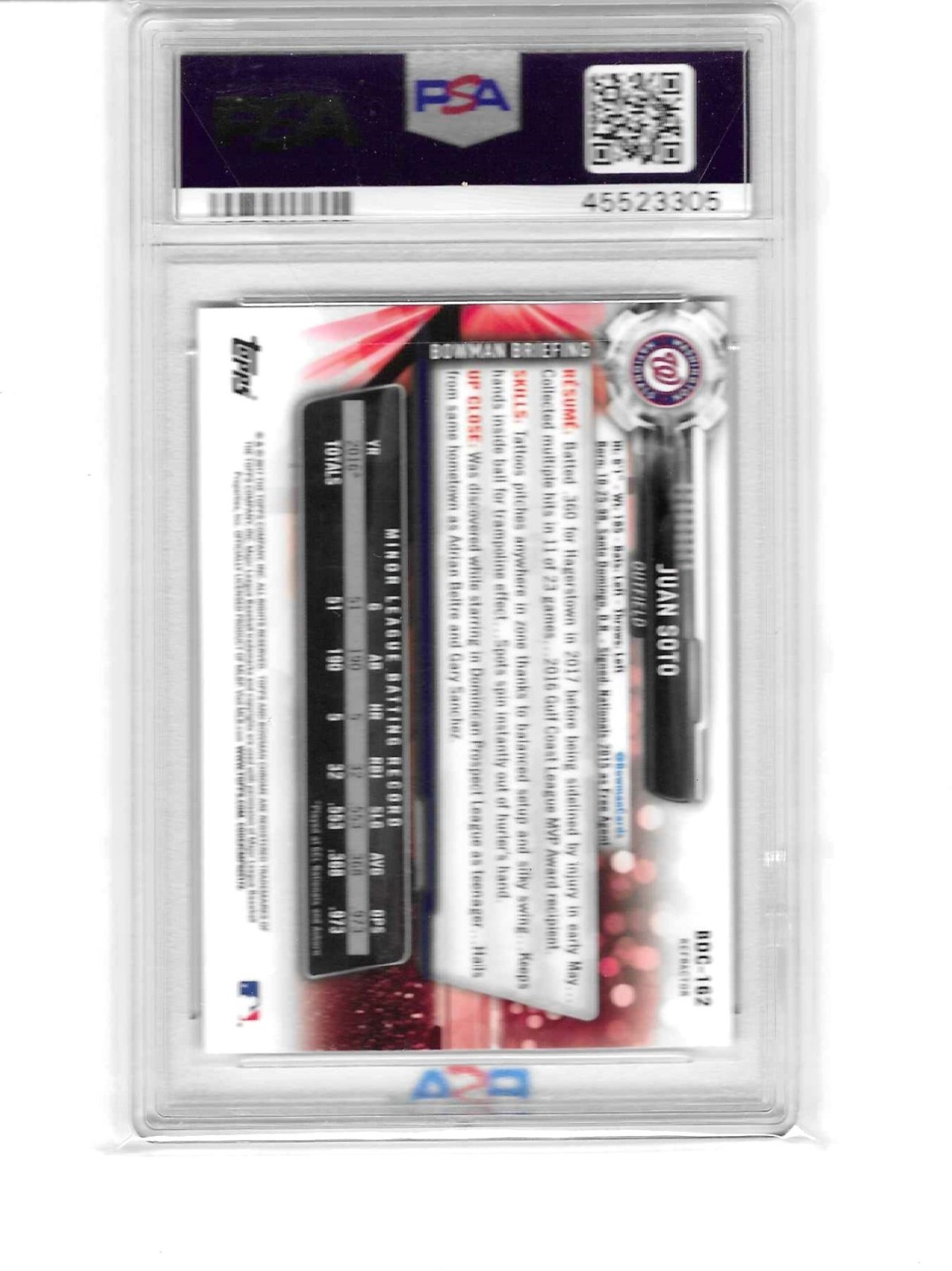 Juan Soto 2017 1st Bowman Draft Chrome Refractor Nationals/Mets BDC162 PSA 9 view 2