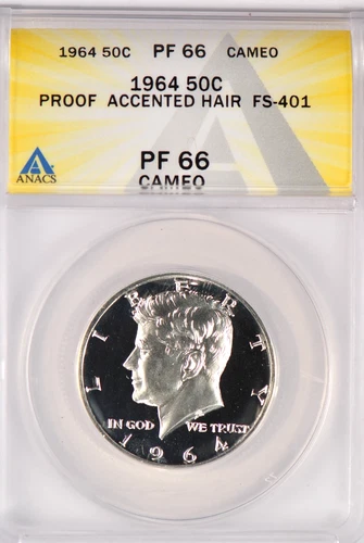 1964 ACCENT HAIR Kennedy Half Dollar Proof ANACS PF 66 CAMEO PR 66 CAM Coin 50C