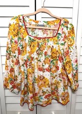 Anthropologie Fig Flower Floral Linen Blend Boho Peasant Top Size Medium